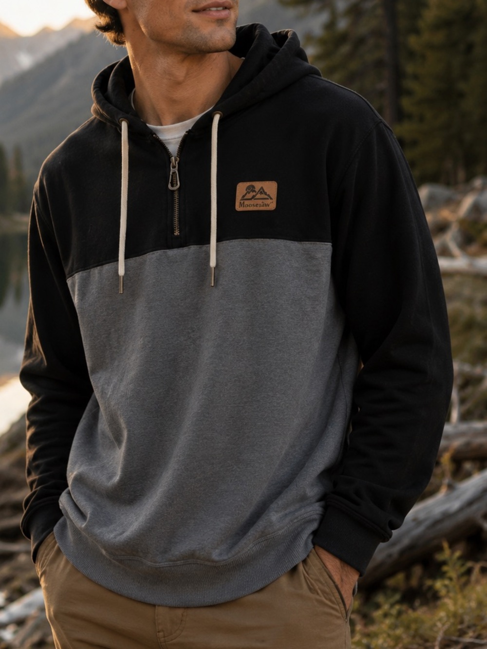 Moosejaw Men’s Two-Tone Half-Zip Hoodie Black & Gray Gorpcore Hiking Mountaineer